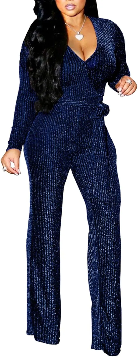 LightlyKiss Women Casual Sexy V Neck Sparkly Jumpsuits Long Sleeve Onesie Loose Pants Party Clubwear with Belt