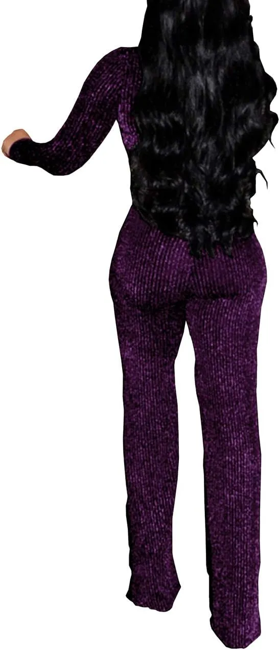 LightlyKiss Women Casual Sexy V Neck Sparkly Jumpsuits Long Sleeve Onesie Loose Pants Party Clubwear with Belt