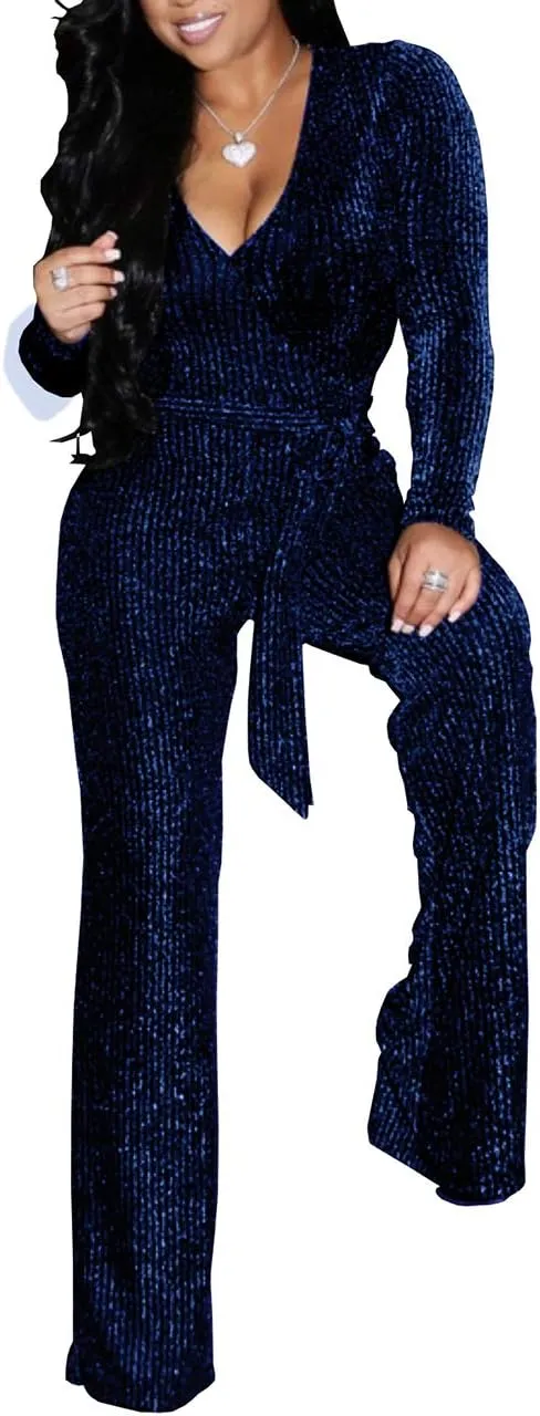 LightlyKiss Women Casual Sexy V Neck Sparkly Jumpsuits Long Sleeve Onesie Loose Pants Party Clubwear with Belt