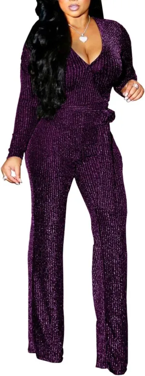 LightlyKiss Women Casual Sexy V Neck Sparkly Jumpsuits Long Sleeve Onesie Loose Pants Party Clubwear with Belt