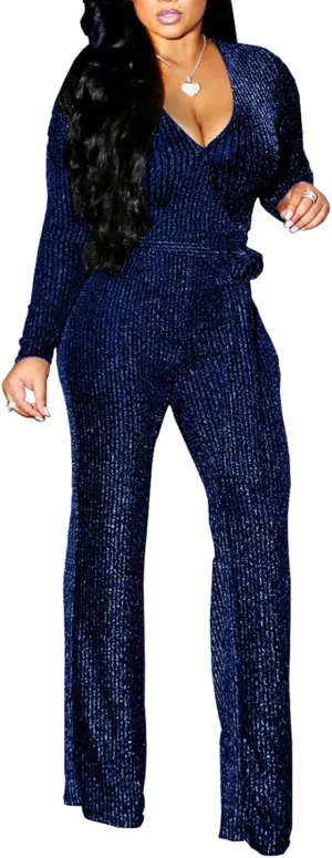 LightlyKiss Women Casual Sexy V Neck Sparkly Jumpsuits Long Sleeve Onesie Loose Pants Party Clubwear with Belt