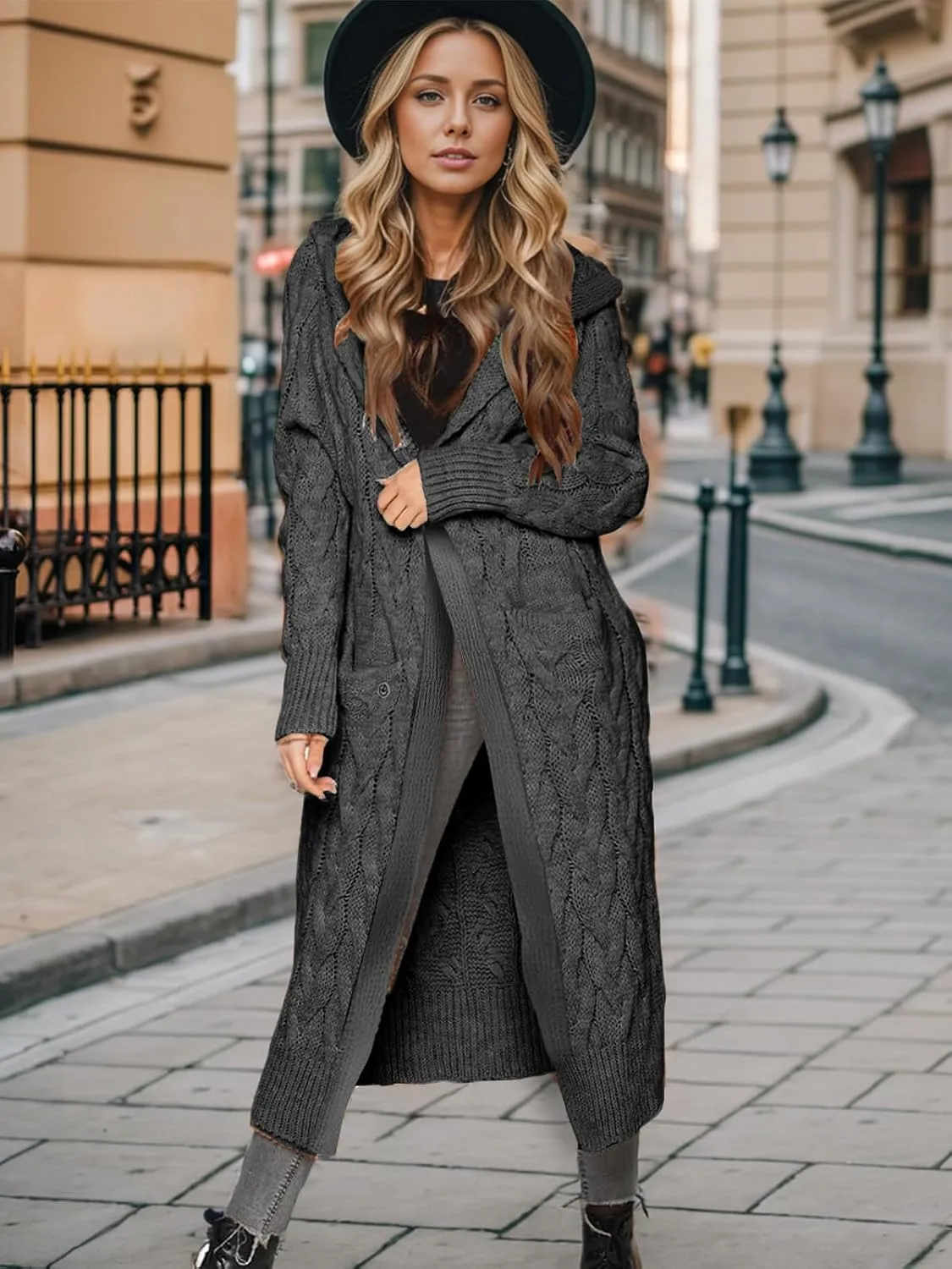 Lightweight Hooded Open Front Cardigan for Women Cable Knit Sweaters Pocketed Oversized Knee Length Long Coats