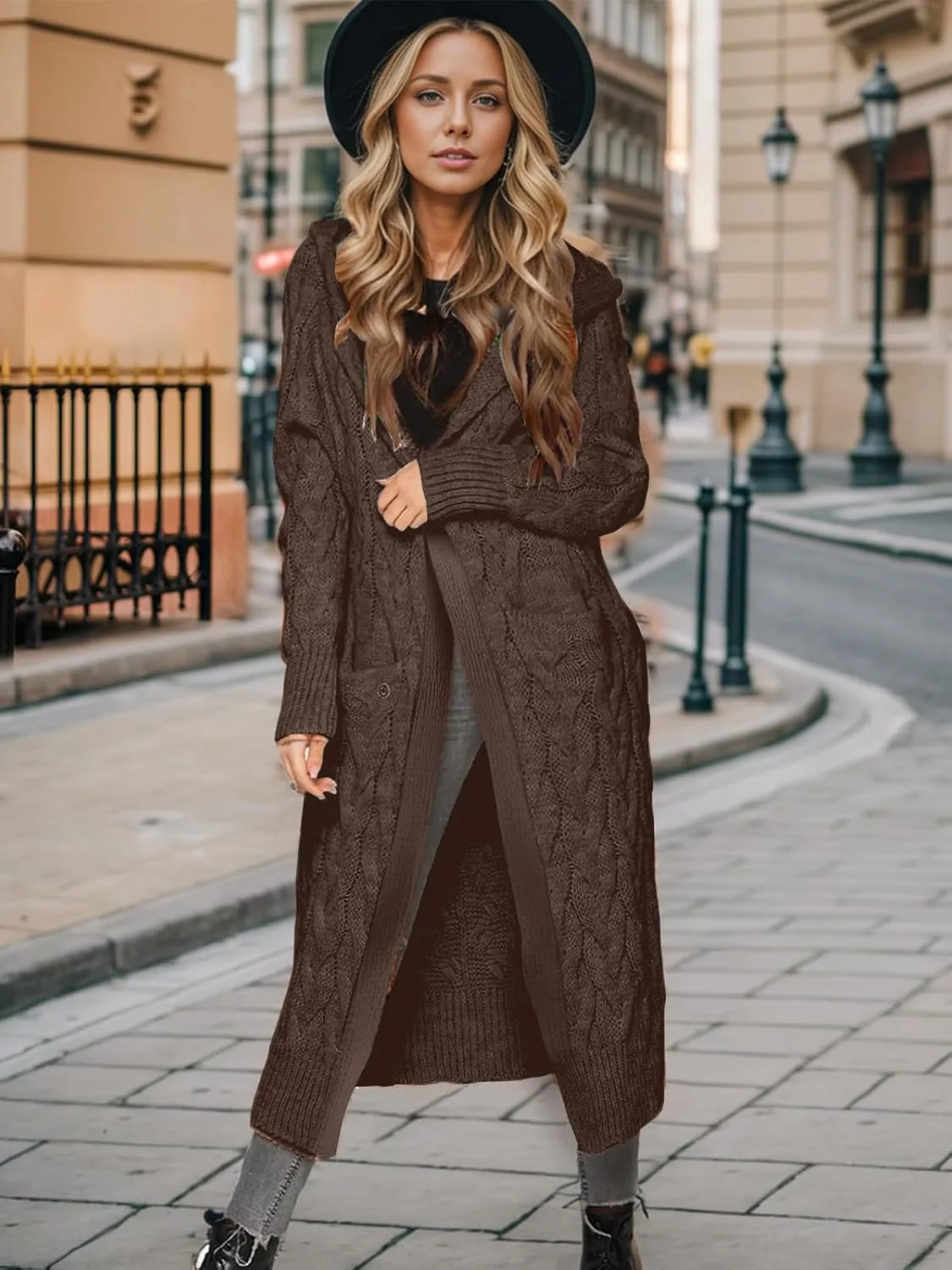 Lightweight Hooded Open Front Cardigan for Women Cable Knit Sweaters Pocketed Oversized Knee Length Long Coats
