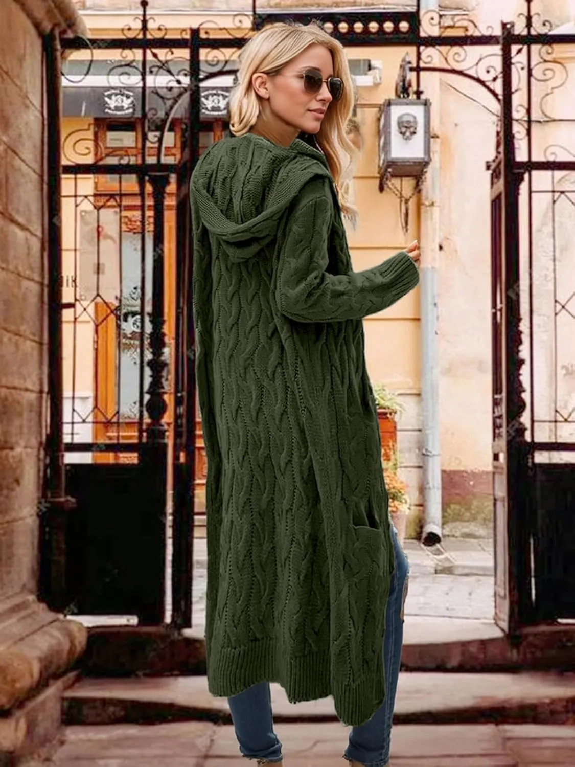 Lightweight Hooded Open Front Cardigan for Women Cable Knit Sweaters Pocketed Oversized Knee Length Long Coats