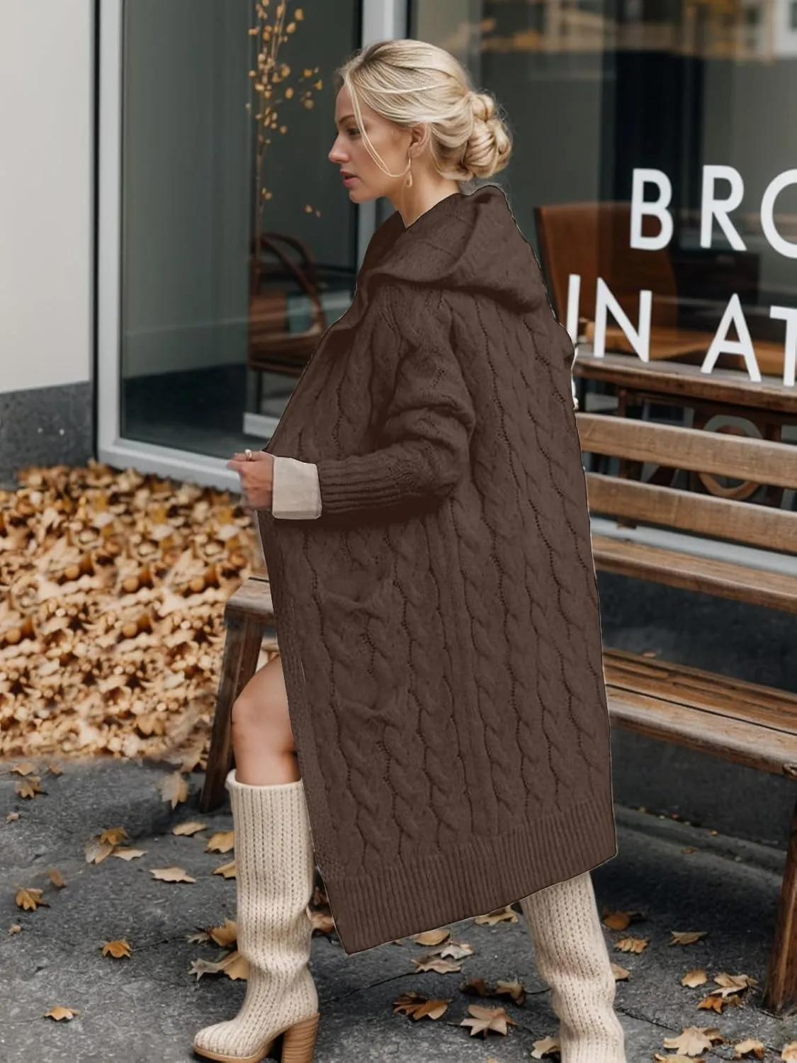 Lightweight Hooded Open Front Cardigan for Women Cable Knit Sweaters Pocketed Oversized Knee Length Long Coats