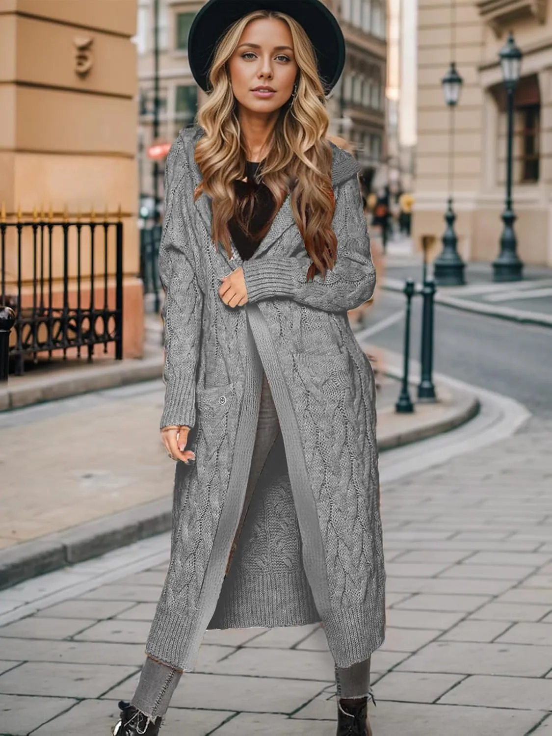 Lightweight Hooded Open Front Cardigan for Women Cable Knit Sweaters Pocketed Oversized Knee Length Long Coats