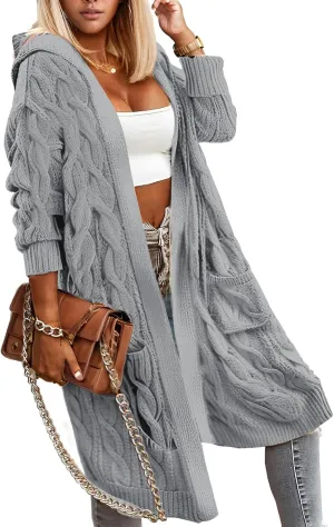 Lightweight Hooded Open Front Cardigan for Women Cable Knit Sweaters Pocketed Oversized Knee Length Long Coats