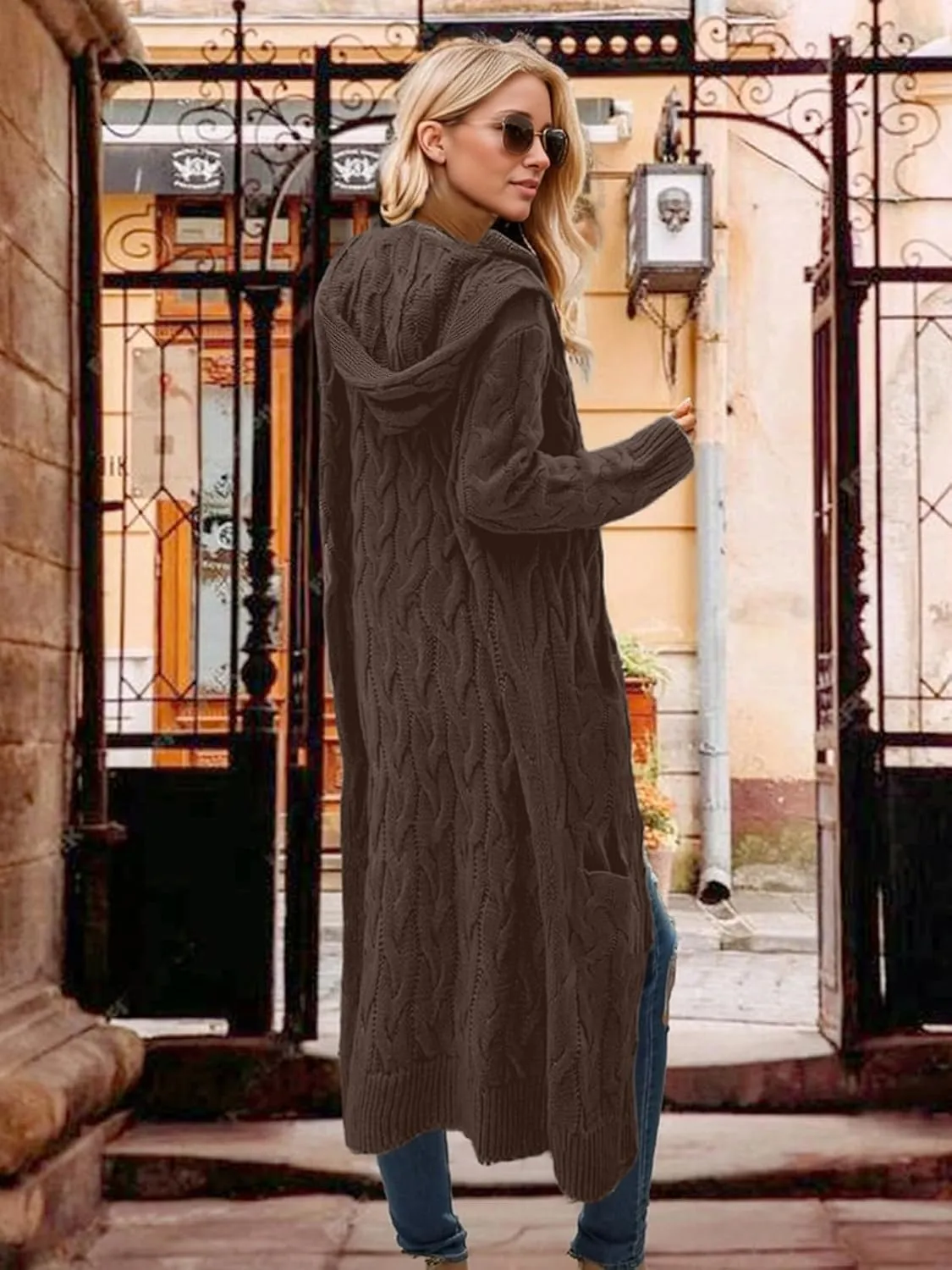 Lightweight Hooded Open Front Cardigan for Women Cable Knit Sweaters Pocketed Oversized Knee Length Long Coats