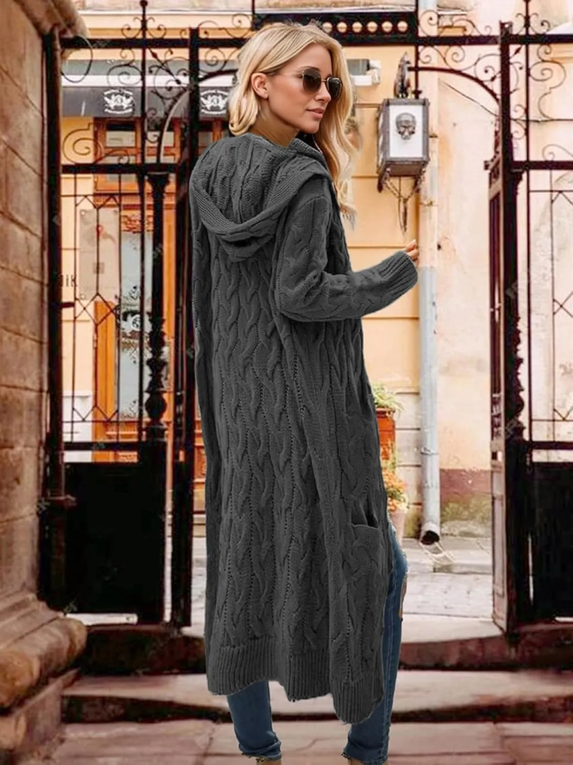 Lightweight Hooded Open Front Cardigan for Women Cable Knit Sweaters Pocketed Oversized Knee Length Long Coats