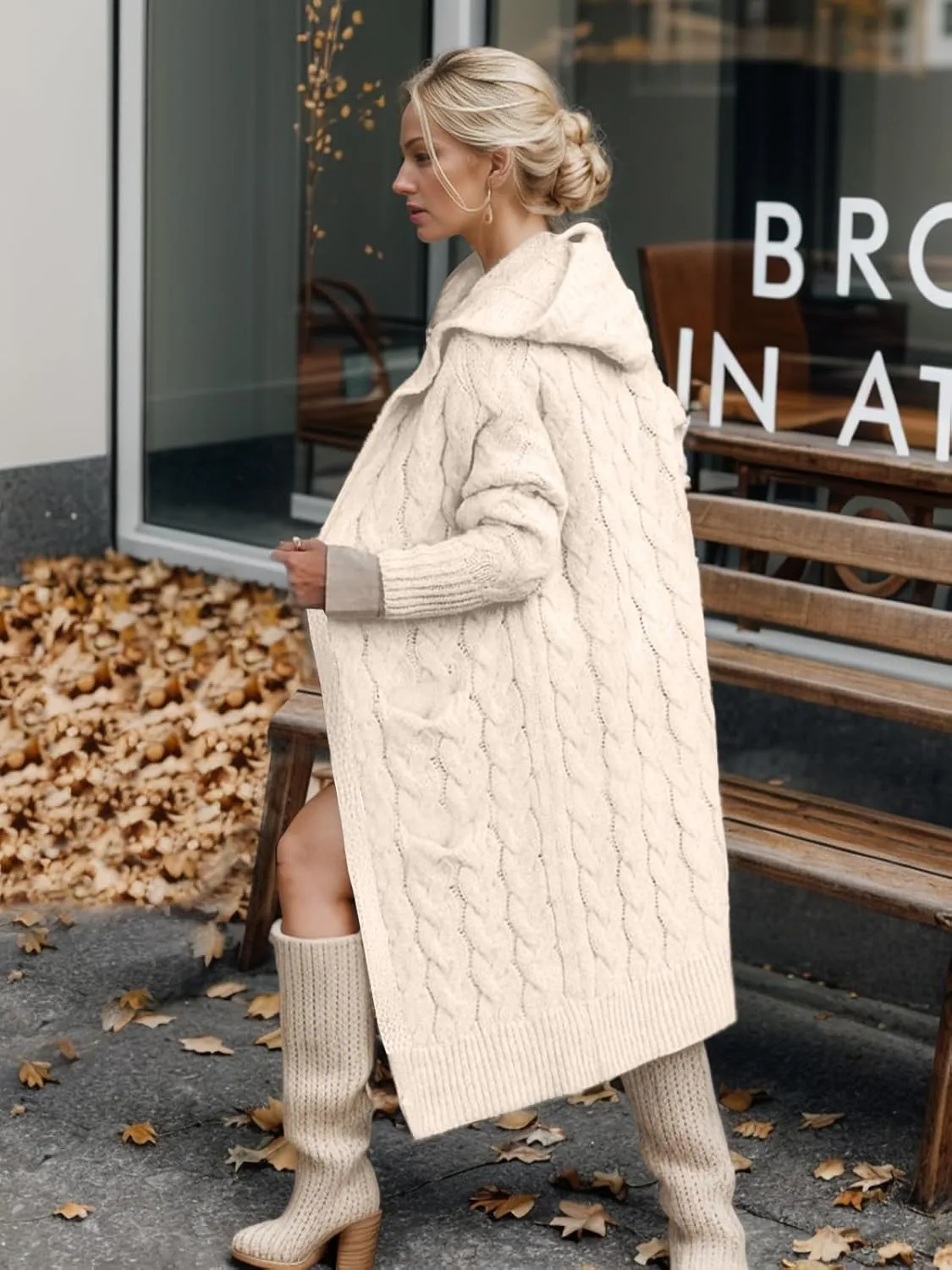 Lightweight Hooded Open Front Cardigan for Women Cable Knit Sweaters Pocketed Oversized Knee Length Long Coats