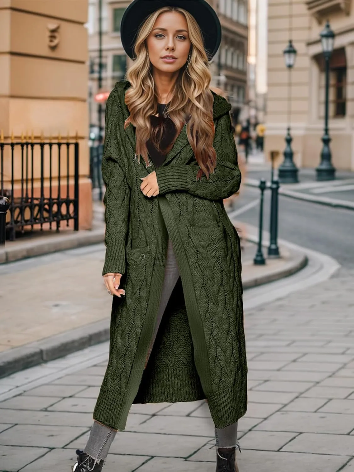 Lightweight Hooded Open Front Cardigan for Women Cable Knit Sweaters Pocketed Oversized Knee Length Long Coats