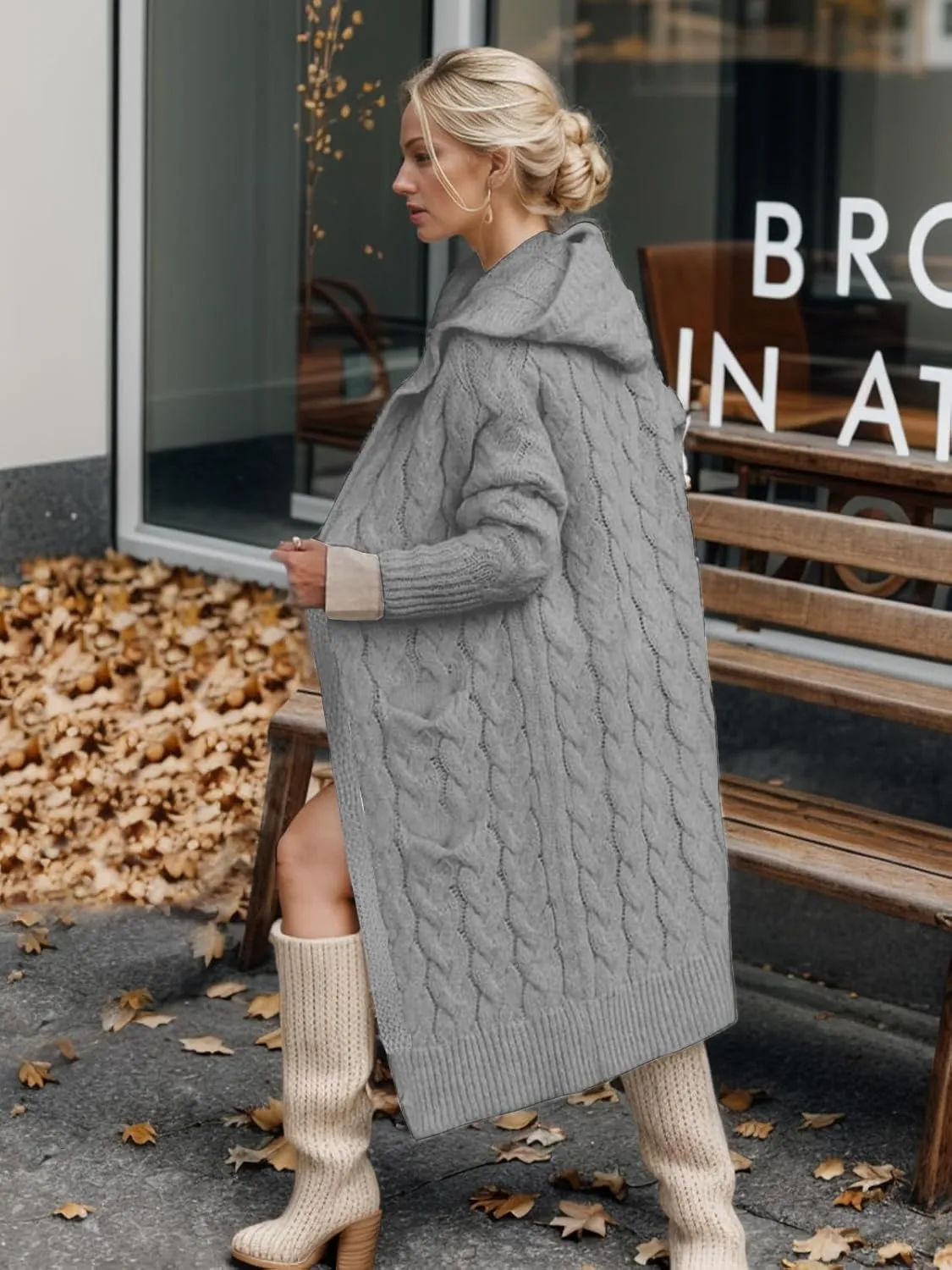 Lightweight Hooded Open Front Cardigan for Women Cable Knit Sweaters Pocketed Oversized Knee Length Long Coats