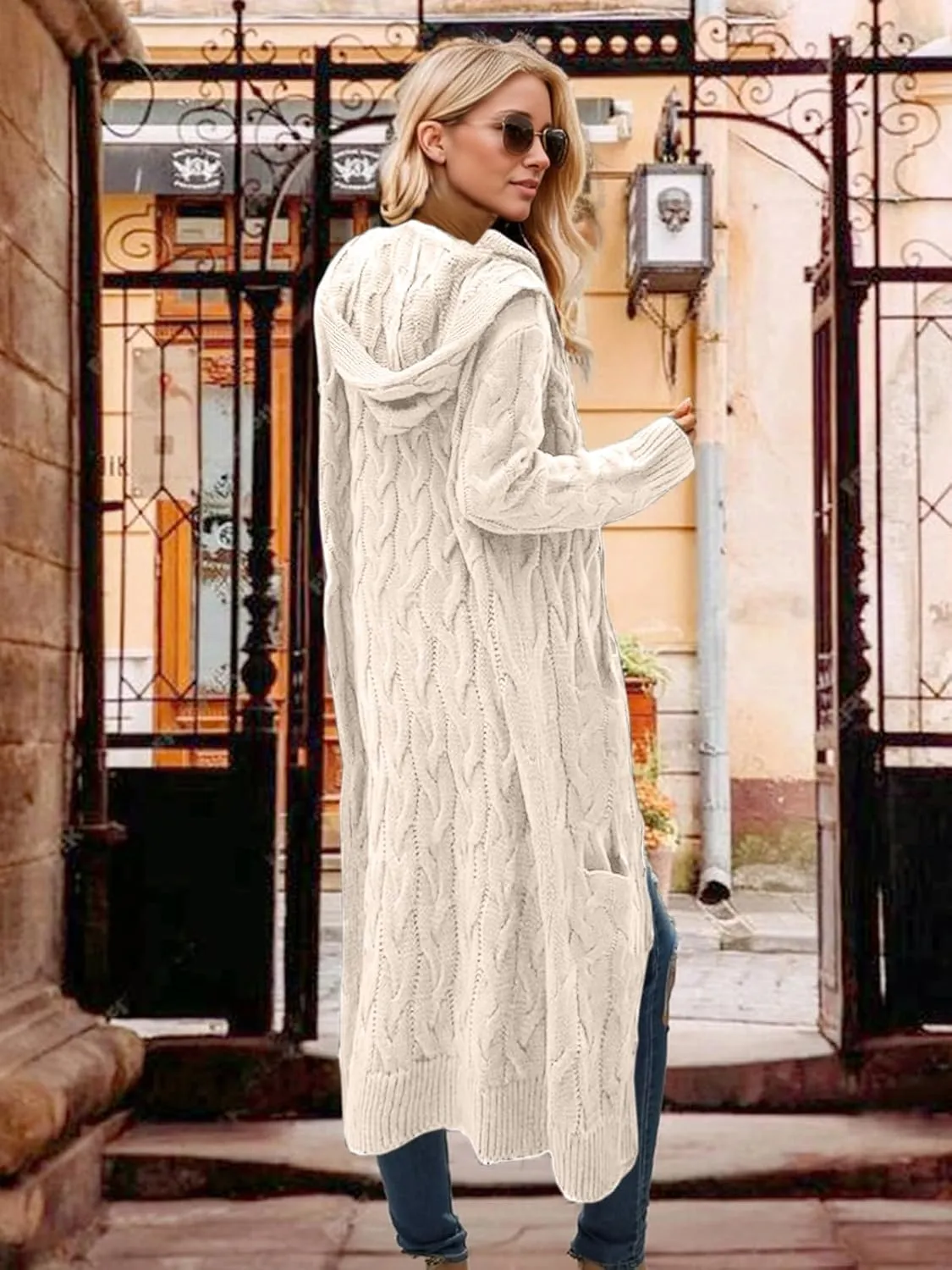 Lightweight Hooded Open Front Cardigan for Women Cable Knit Sweaters Pocketed Oversized Knee Length Long Coats
