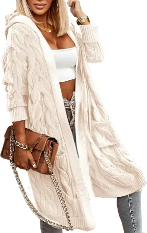 Lightweight Hooded Open Front Cardigan for Women Cable Knit Sweaters Pocketed Oversized Knee Length Long Coats