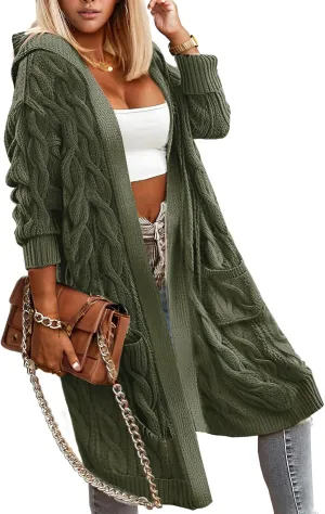 Lightweight Hooded Open Front Cardigan for Women Cable Knit Sweaters Pocketed Oversized Knee Length Long Coats