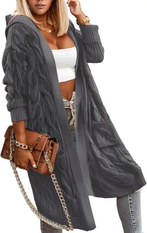 Lightweight Hooded Open Front Cardigan for Women Cable Knit Sweaters Pocketed Oversized Knee Length Long Coats