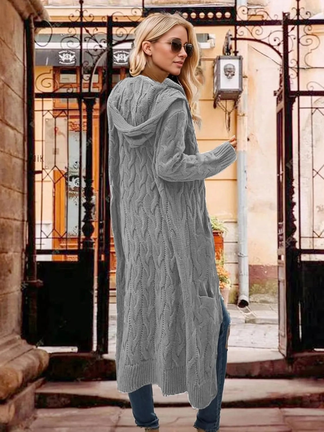 Lightweight Hooded Open Front Cardigan for Women Cable Knit Sweaters Pocketed Oversized Knee Length Long Coats