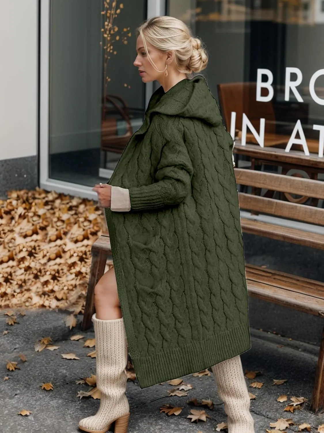 Lightweight Hooded Open Front Cardigan for Women Cable Knit Sweaters Pocketed Oversized Knee Length Long Coats