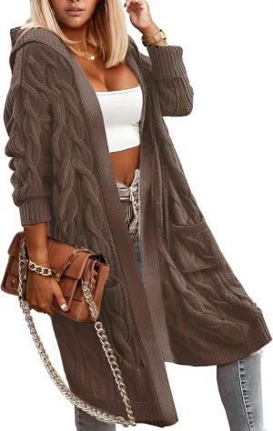 Lightweight Hooded Open Front Cardigan for Women Cable Knit Sweaters Pocketed Oversized Knee Length Long Coats