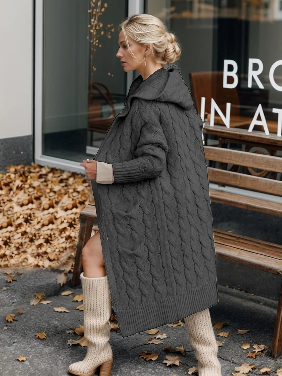 Lightweight Hooded Open Front Cardigan for Women Cable Knit Sweaters Pocketed Oversized Knee Length Long Coats
