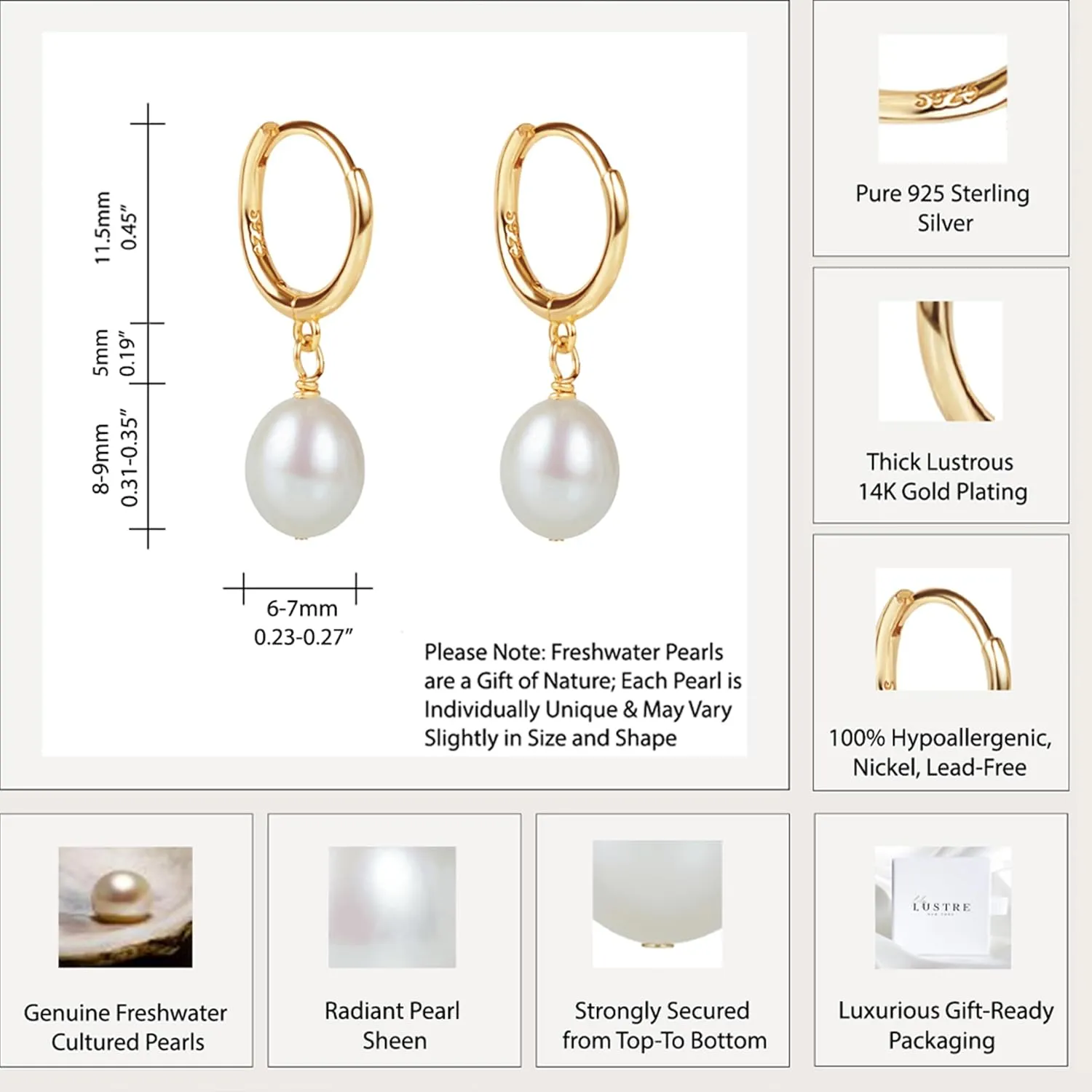 LILY LUSTRE 14k Gold Plated/Filled 925 Sterling Silver Handpicked AAAA Quality Natural White Freshwater Cultured Round Pearl Hoop/Leverback Drop Dangle Earrings for Women