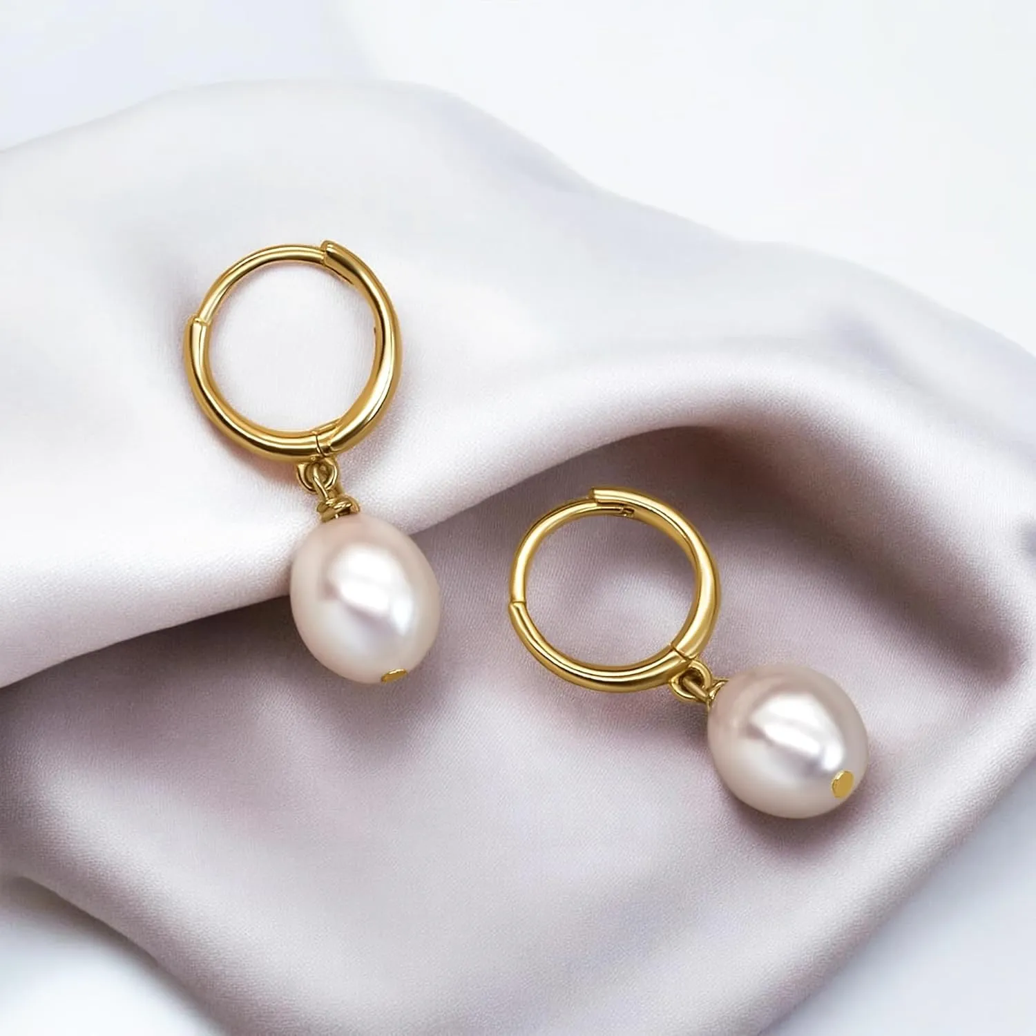 LILY LUSTRE 14k Gold Plated/Filled 925 Sterling Silver Handpicked AAAA Quality Natural White Freshwater Cultured Round Pearl Hoop/Leverback Drop Dangle Earrings for Women