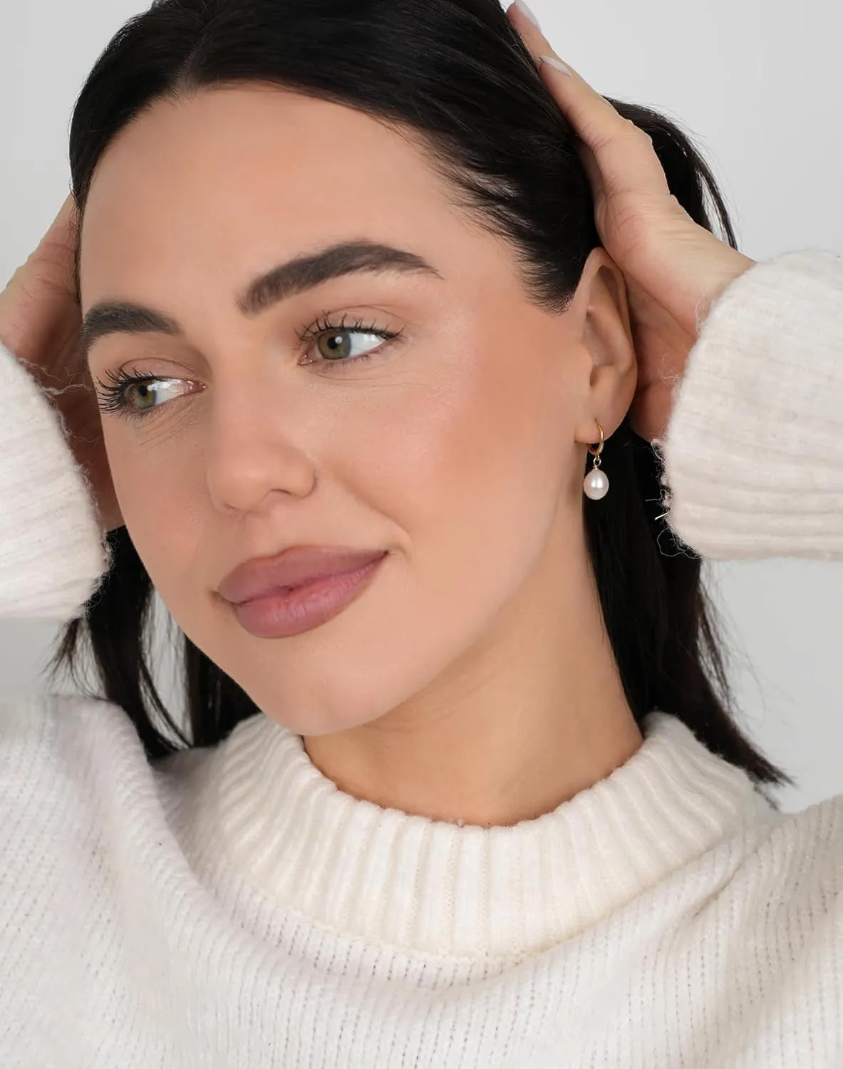 LILY LUSTRE 14k Gold Plated/Filled 925 Sterling Silver Handpicked AAAA Quality Natural White Freshwater Cultured Round Pearl Hoop/Leverback Drop Dangle Earrings for Women