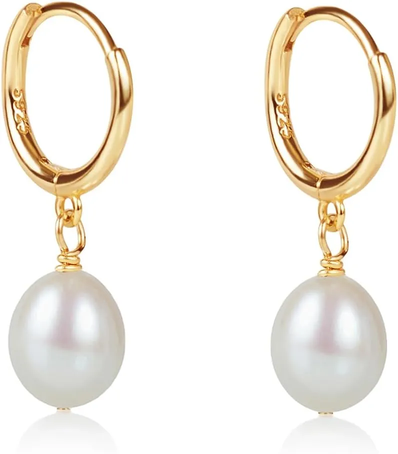 LILY LUSTRE 14k Gold Plated/Filled 925 Sterling Silver Handpicked AAAA Quality Natural White Freshwater Cultured Round Pearl Hoop/Leverback Drop Dangle Earrings for Women
