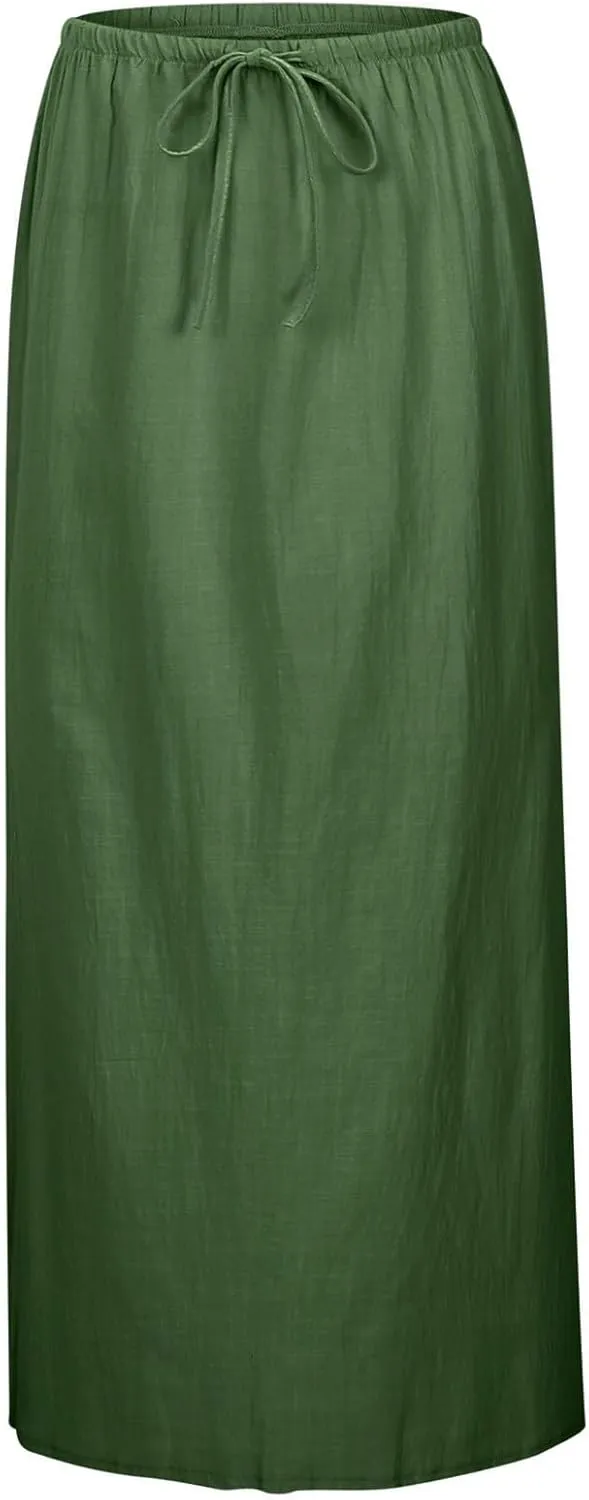 Linen Maxi Skirts for Women Drawstring High Waisted Lighweight Skirt Elastic Waisted Comfortable Straight Leg Skorts