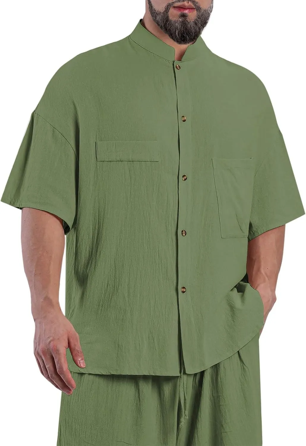Linen Shirt for Men Button Down Short Sleeve Band Collar Casual Solid Shirts Relaxed Hawaiian Blouse with Pockets