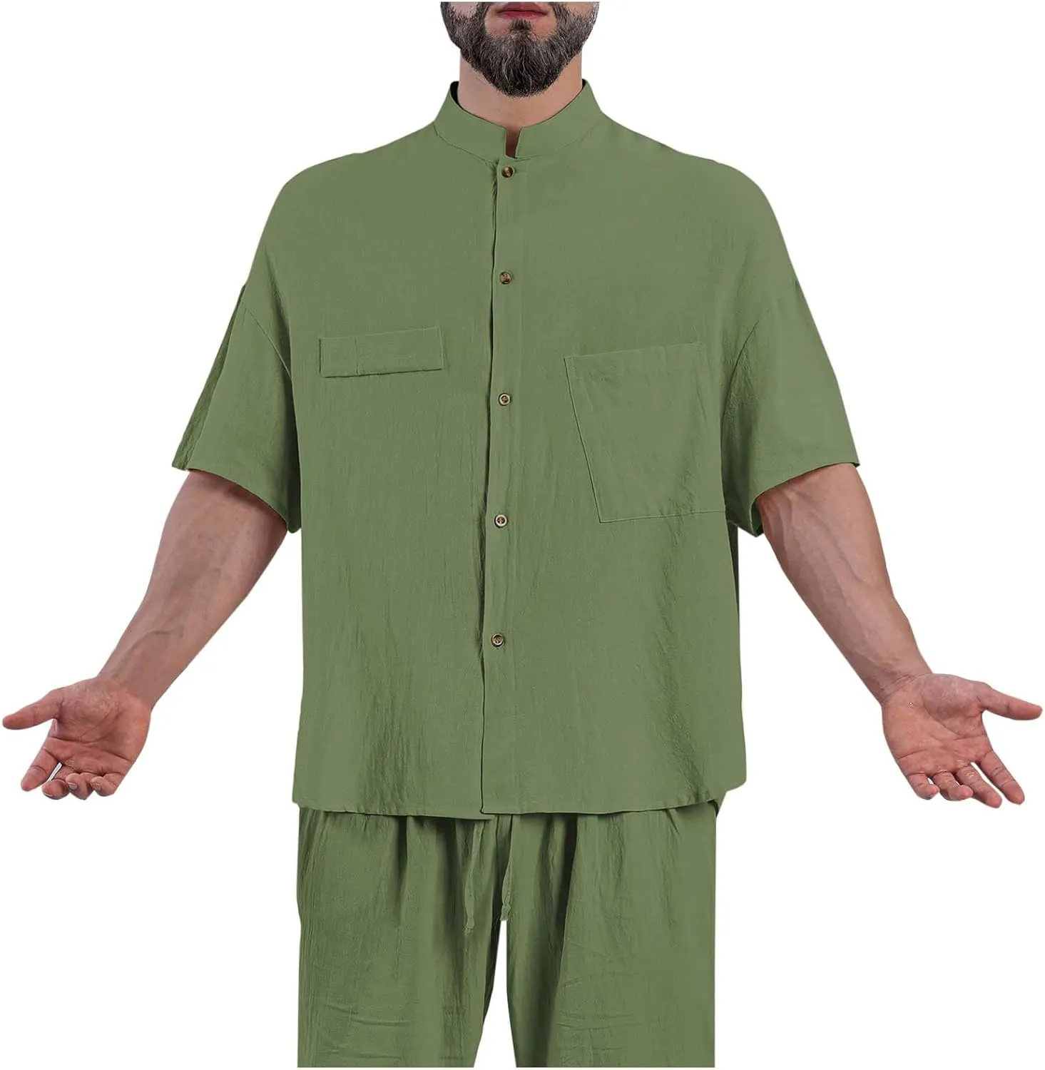 Linen Shirt for Men Button Down Short Sleeve Band Collar Casual Solid Shirts Relaxed Hawaiian Blouse with Pockets