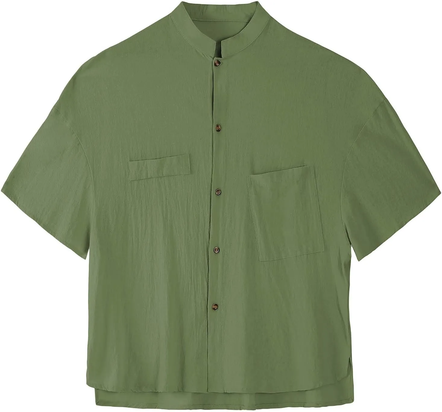 Linen Shirt for Men Button Down Short Sleeve Band Collar Casual Solid Shirts Relaxed Hawaiian Blouse with Pockets
