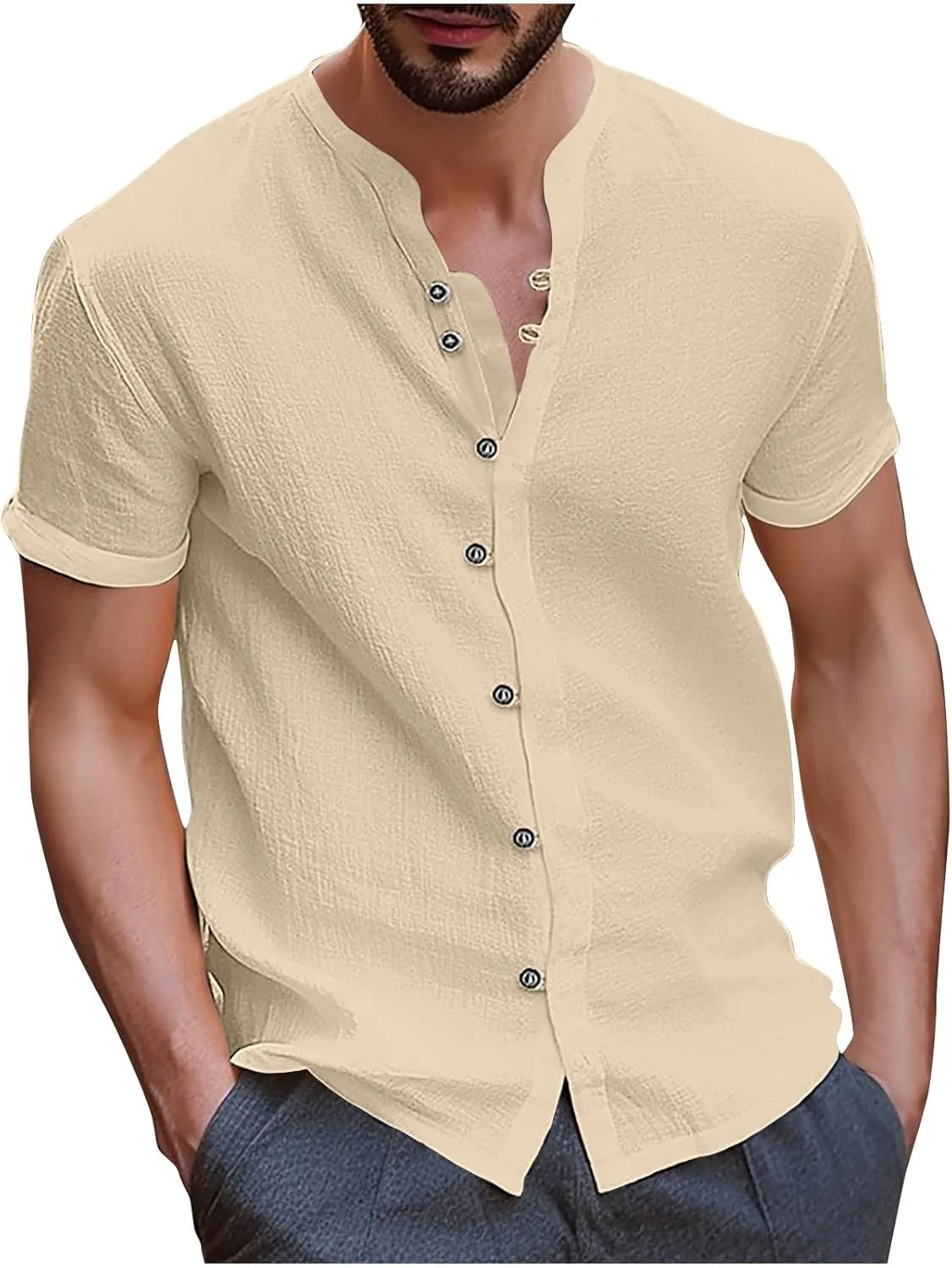 Linen Shirt Short Sleeve for Men Trendy Henley Button Down Solid Color Tee Shirts Casual Fashion 2025 Vacation Tops