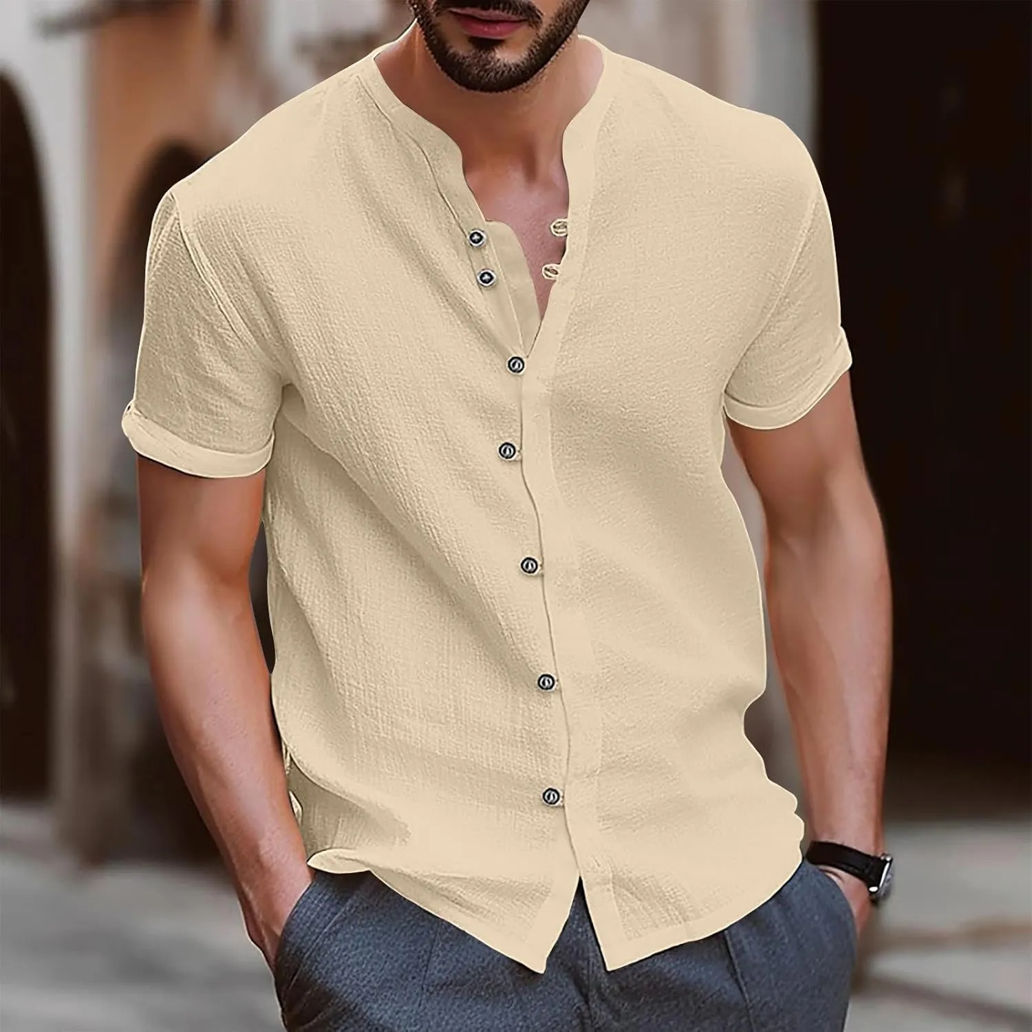 Linen Shirt Short Sleeve for Men Trendy Henley Button Down Solid Color Tee Shirts Casual Fashion 2025 Vacation Tops