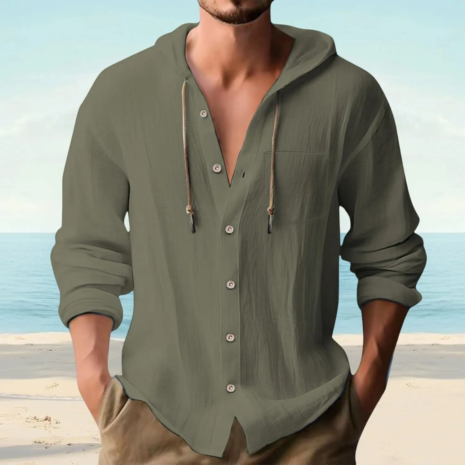 Linen Shirts for Men Long Sleeve Button Down Hoodies Sun Casual Beach Tee Linen Hawaiian V Neck T-Shirts with Pockets