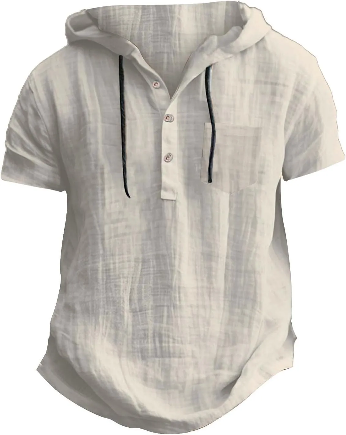 Linen Shirts for Men Quick Dry Breathable Summer Button Short Sleeve Shirt with Hooded Lightweight Loose Beach Top