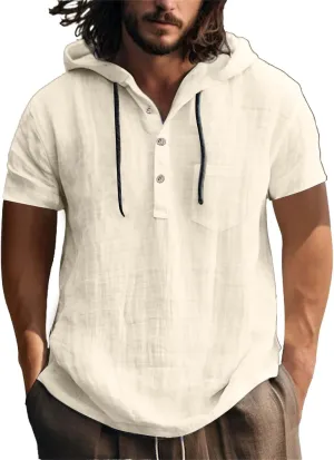 Linen Shirts for Men Quick Dry Breathable Summer Button Short Sleeve Shirt with Hooded Lightweight Loose Beach Top
