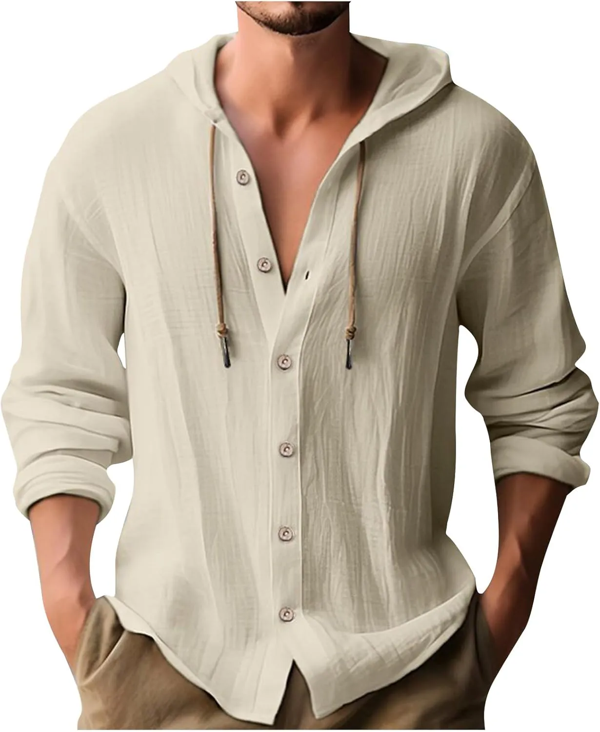 Linen Shirts for Men Solid Color Guayabera Shirts with Hooded Casual Long Sleeve Sweatshirts Button Down Beach Shirts