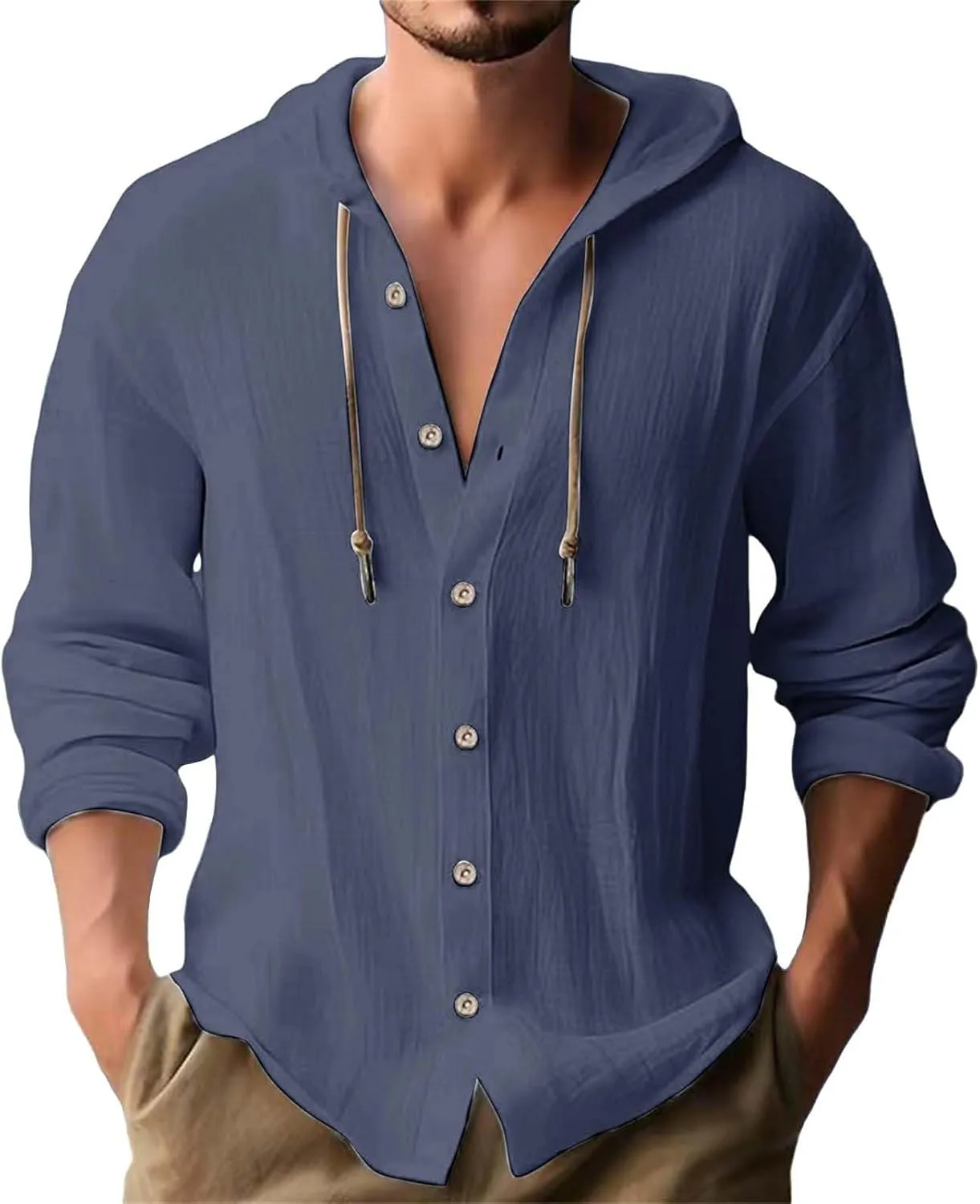 Linen Shirts for Men With Hooded Lightweight Long Sleeve Hoodies Button Up Tops Summer Beach Hawaiian T-Shirts