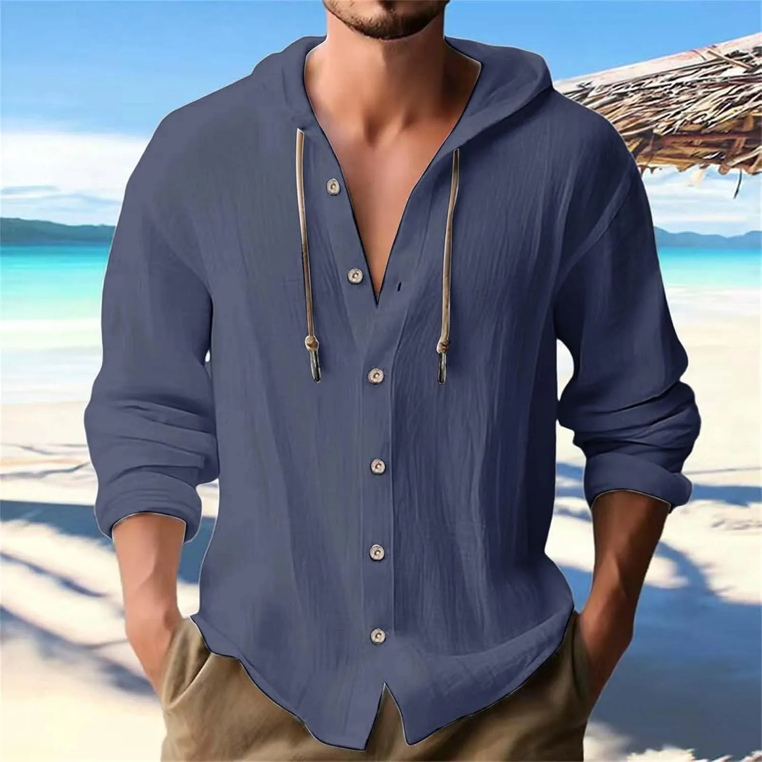 Linen Shirts for Men With Hooded Lightweight Long Sleeve Hoodies Button Up Tops Summer Beach Hawaiian T-Shirts