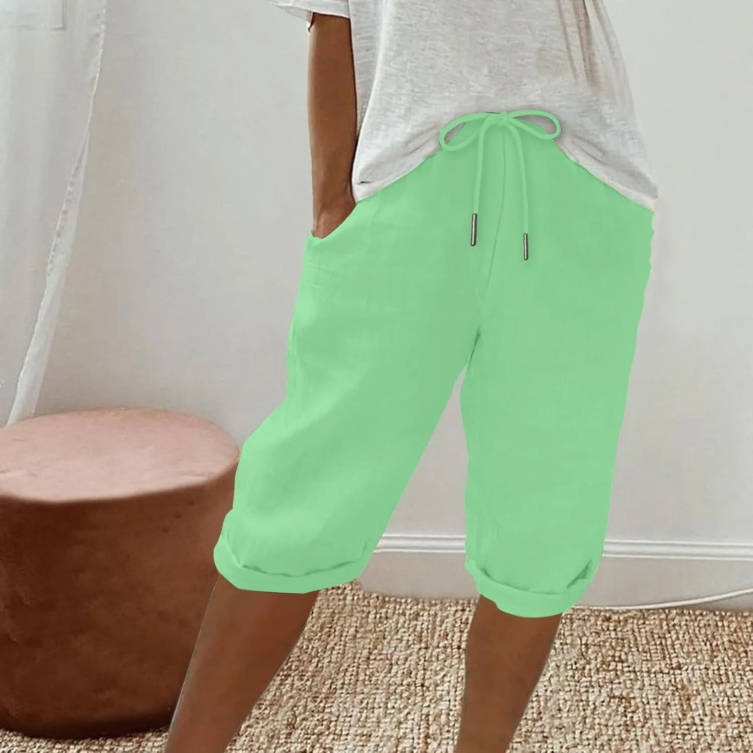 Linen Shorts for Women Knee Length Bermuda Shorts Drawstring Elastic Waist Shorts Casual Athletic Shorts Beach Shorts