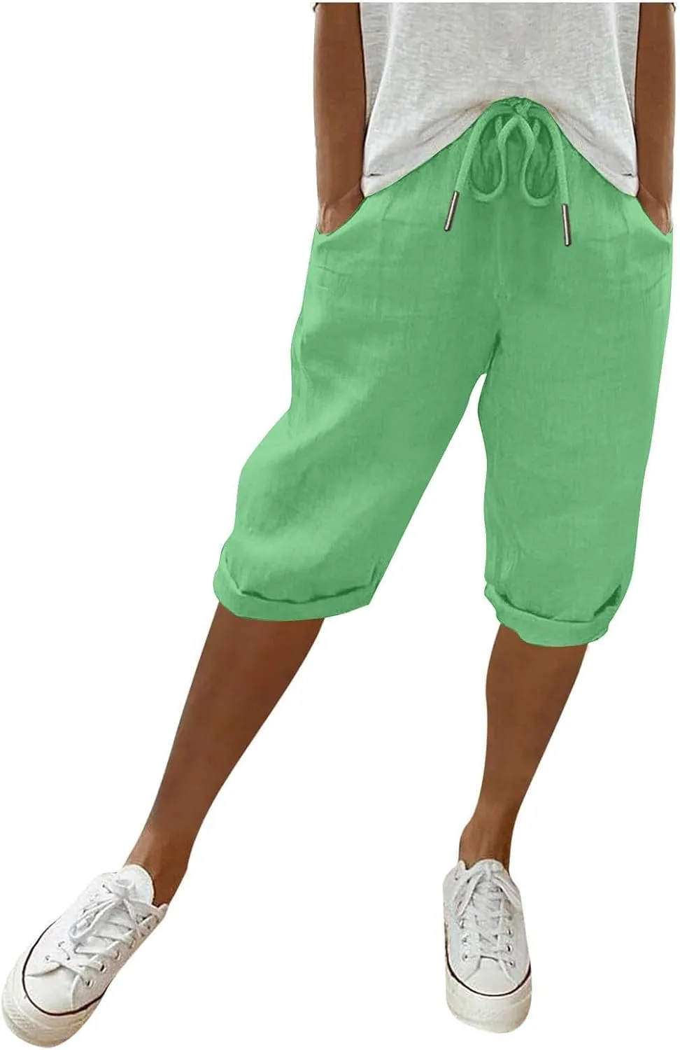 Linen Shorts for Women Knee Length Bermuda Shorts Drawstring Elastic Waist Shorts Casual Athletic Shorts Beach Shorts