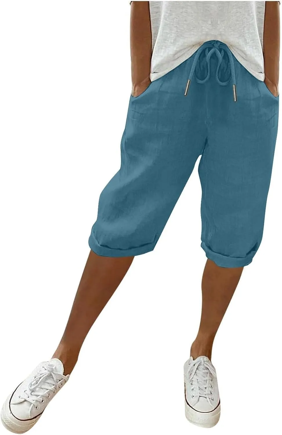 Linen Shorts for Women Knee Length Bermuda Shorts Drawstring Elastic Waist Shorts Casual Athletic Shorts Beach Shorts