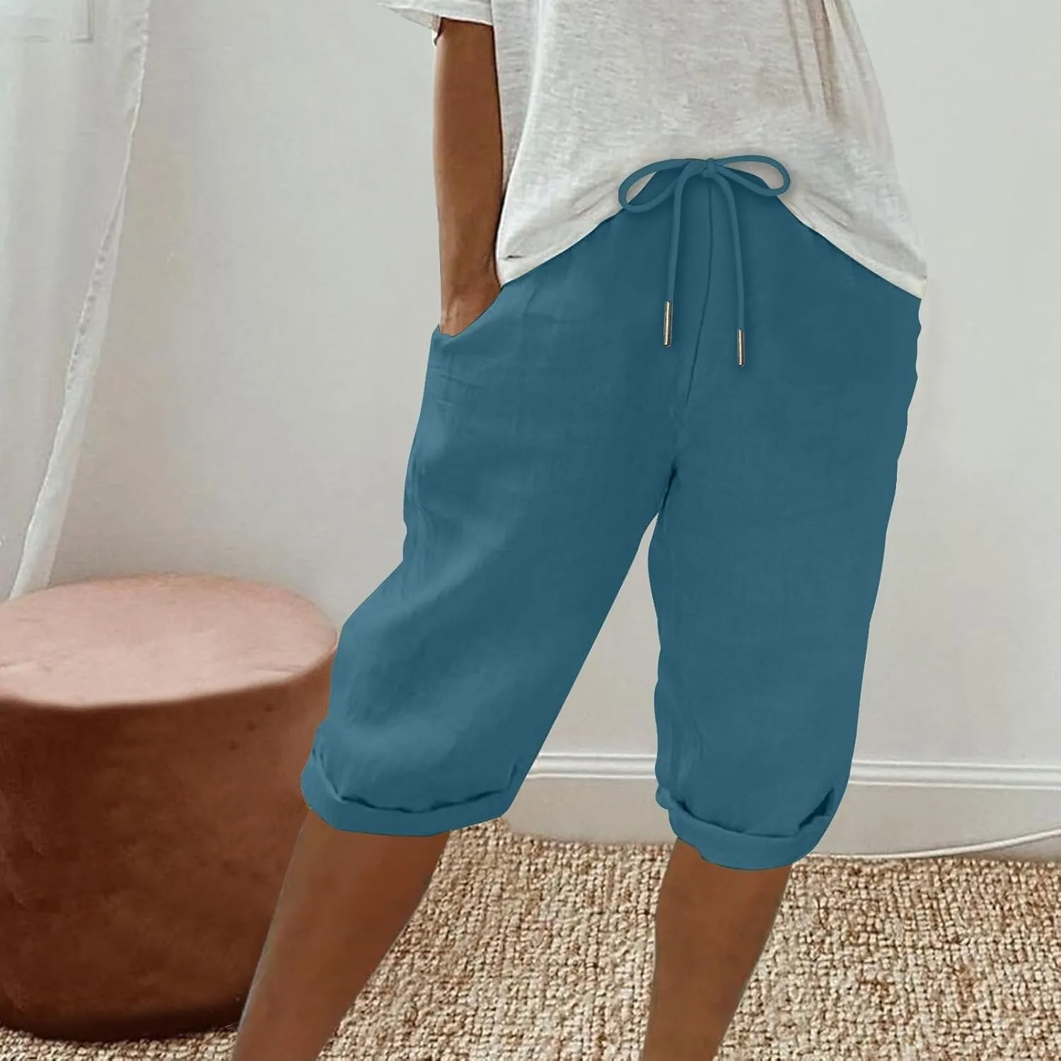 Linen Shorts for Women Knee Length Bermuda Shorts Drawstring Elastic Waist Shorts Casual Athletic Shorts Beach Shorts