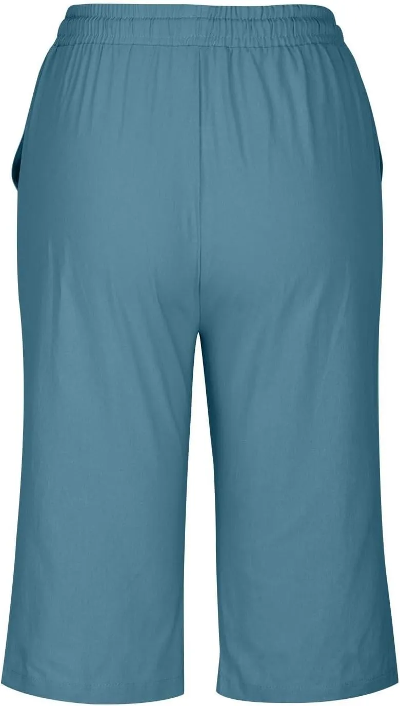 Linen Shorts for Women Knee Length Bermuda Shorts Drawstring Elastic Waist Shorts Casual Athletic Shorts Beach Shorts
