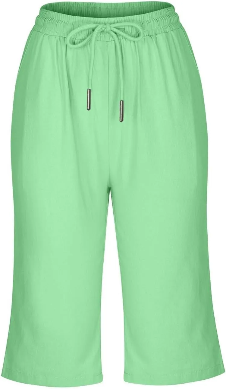 Linen Shorts for Women Knee Length Bermuda Shorts Drawstring Elastic Waist Shorts Casual Athletic Shorts Beach Shorts