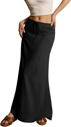 Linen Skirts for Women 2025 Summer Casual Maxi Skirt Drawstring Low Rise A-Line Flowy Boho Beach Vacation Outfits