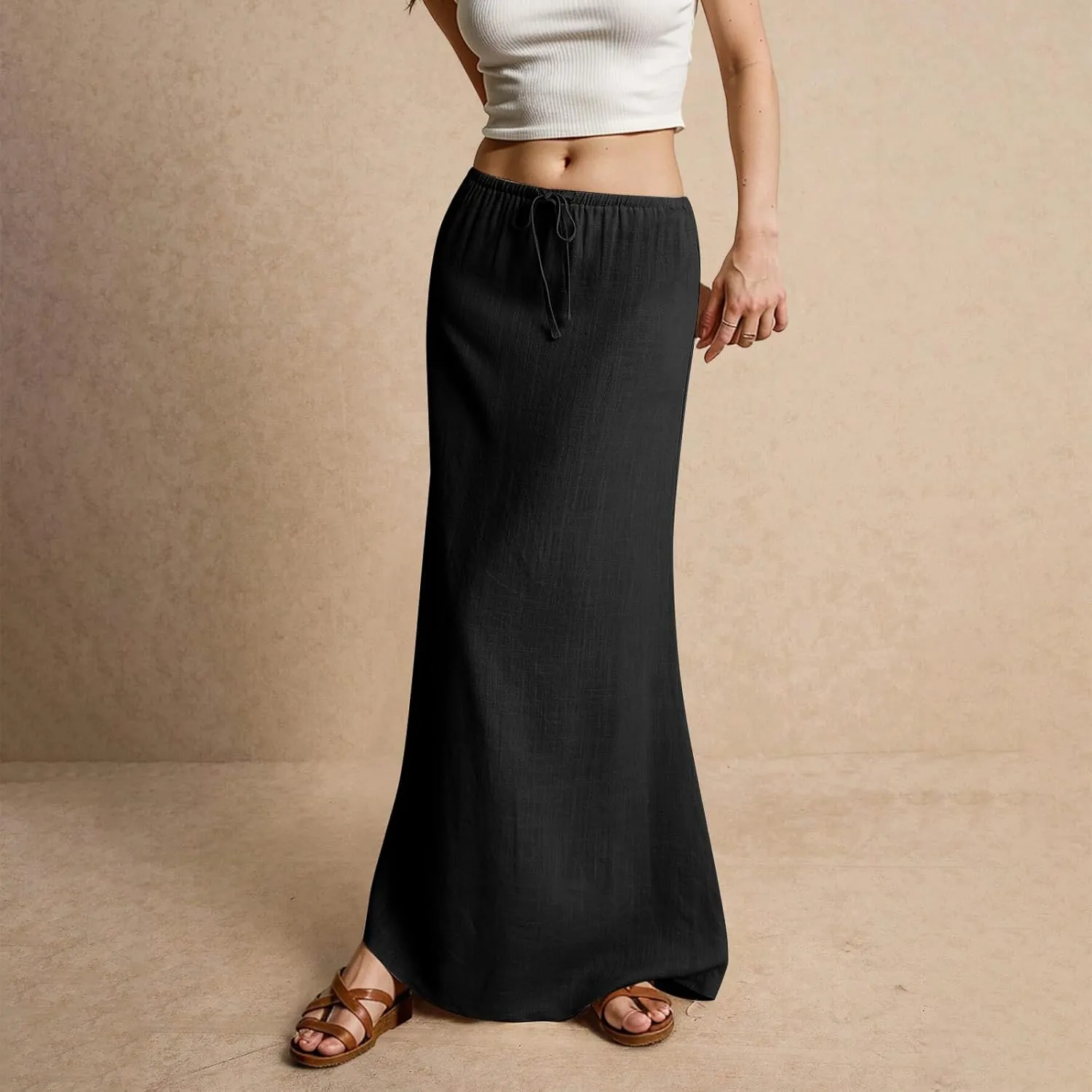 Linen Skirts for Women 2025 Summer Casual Maxi Skirt Drawstring Low Rise A-Line Flowy Boho Beach Vacation Outfits