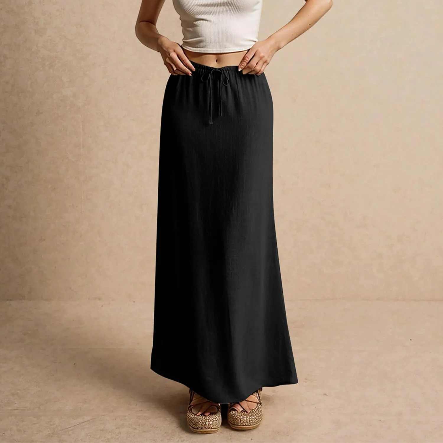 Linen Skirts for Women 2025 Summer Casual Maxi Skirt Drawstring Low Rise A-Line Flowy Boho Beach Vacation Outfits