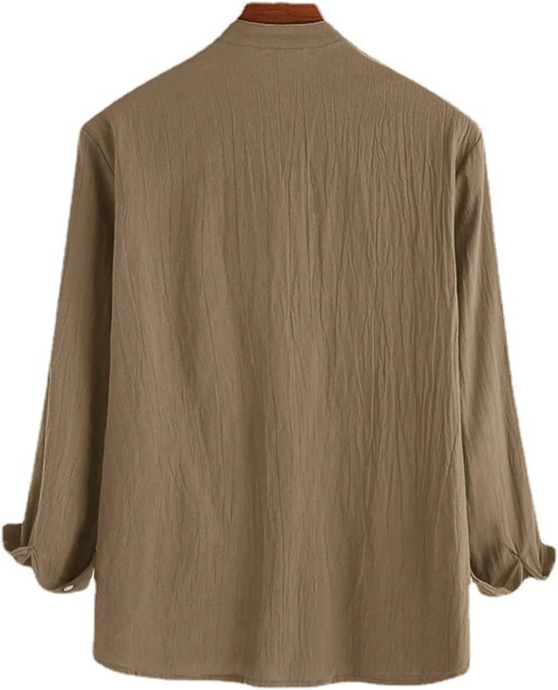 Linen T Shirts for Men Long Sleeve Band Collar Solid Dress Shirt Loose Textured Summer 2025 Basic Cotton Blouses Top